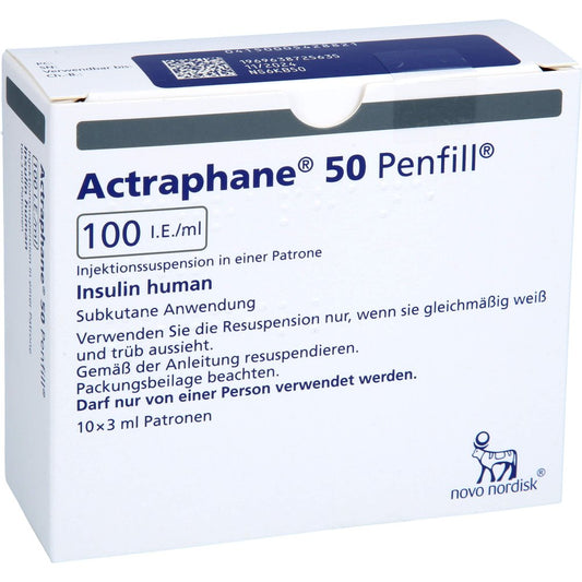 Das Produktfoto zeigt Actraphane 50 Penfill 100 I.E./Ml Zylinderampullen (10X3 ml) PZN 00542882