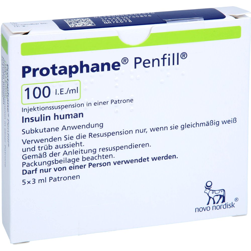 Das Produktfoto zeigt Protaphane Penfill 100 I.E./Ml Inj.-Susp.Zyl.-Amp. (5X3 ml) PZN 00544757