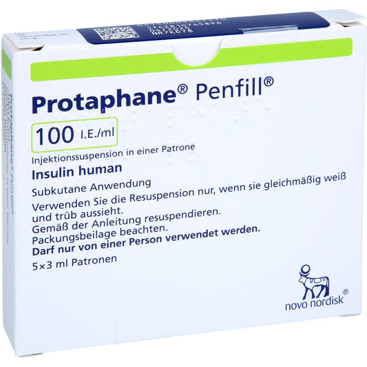 Das Produktfoto zeigt Protaphane Penfill 100 I.E./Ml Inj.-Susp.Zyl.-Amp. (5X3 ml) PZN 00544757