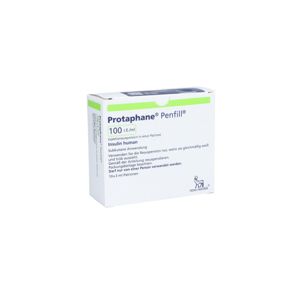 Das Produktfoto zeigt Protaphane Penfill 100 I.E./Ml Inj.-Susp.Zyl.-Amp. (10X3 ml) PZN 00544786