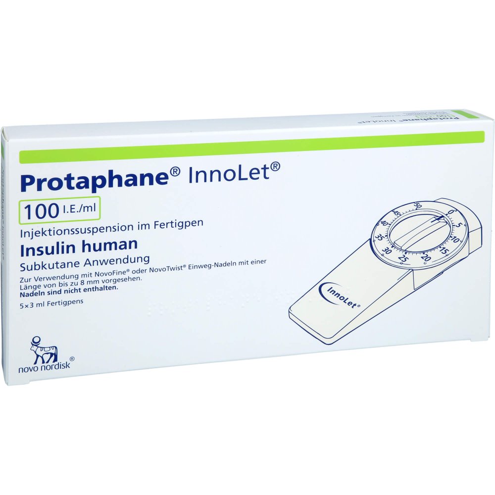 Das Produktfoto zeigt Protaphane Innolet 100 I.E./Ml Inj.-S. Fertigpen (5X3 ml) PZN 00546360