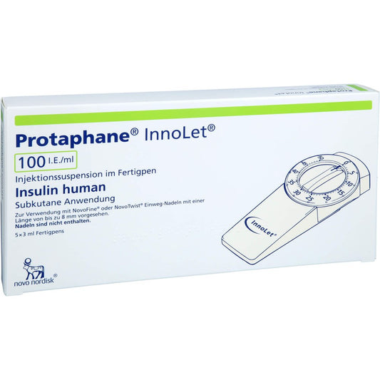 Das Produktfoto zeigt Protaphane Innolet 100 I.E./Ml Inj.-S. Fertigpen (5X3 ml) PZN 00546360
