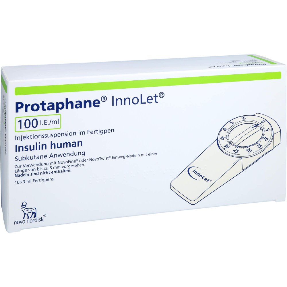 Das Produktfoto zeigt Protaphane Innolet 100 I.E./Ml Inj.-S. Fertigpen (10X3 ml) PZN 00546443