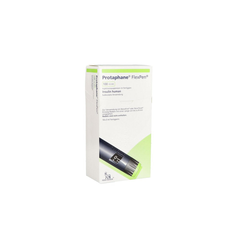 Das Produktfoto zeigt Protaphane Flexpen 100 I.E./Ml Inj.-Susp.Fertigpen (10X3 ml) PZN 00546578