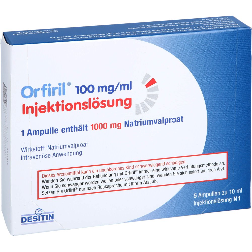 Das Produktfoto zeigt Orfiril 100 Mg/Ml Injektionslösung (5X10 ml) PZN 00550835
