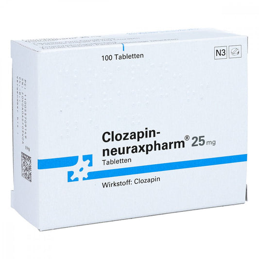 Das Produktfoto zeigt Clozapin-Neuraxpharm 25 Mg Tabletten (100 stk) PZN 00557091