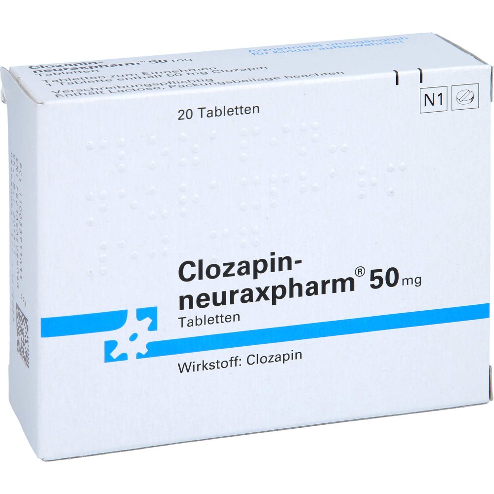 Das Produktfoto zeigt Clozapin-Neuraxpharm 50 Mg Tabletten (20 stk) PZN 00557116