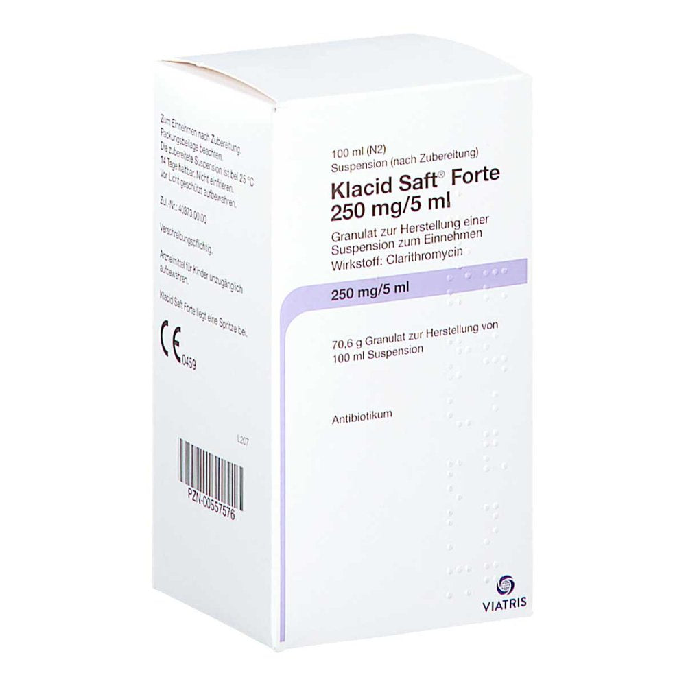 Das Produktfoto zeigt Klacid Saft Forte 250 Mg/5 Ml Ab 20 Kg (100 ml) PZN 00557576
