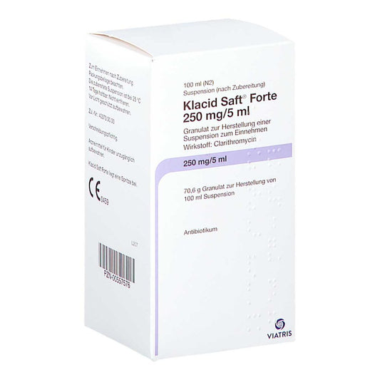 Das Produktfoto zeigt Klacid Saft Forte 250 Mg/5 Ml Ab 20 Kg (100 ml) PZN 00557576