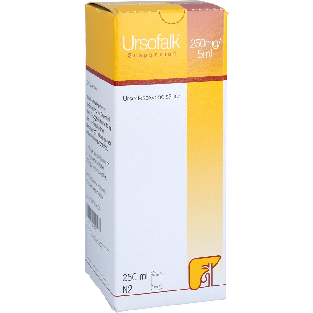 Das Produktfoto zeigt Ursofalk 250 Mg/5 Ml Suspension (250 ml) PZN 00558771