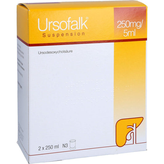 Das Produktfoto zeigt Ursofalk 250 Mg/5 Ml Suspension (500 ml) PZN 00558788