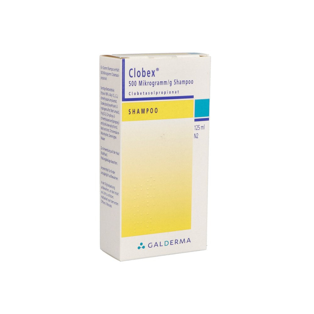 Das Produktfoto zeigt Clobex 500 Mikrogramm/G Shampoo (125 ml) PZN 00563453