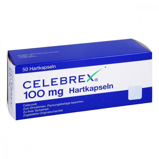 Das Produktfoto zeigt Celebrex 100 Mg Hartkapseln (50 stk) PZN 00566144