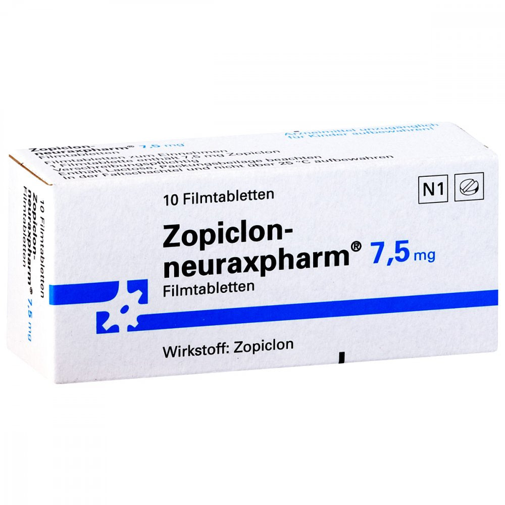 Das Produktfoto zeigt Zopiclon-Neuraxpharm 7,5 Mg Filmtabletten (10 stk) PZN 00575858