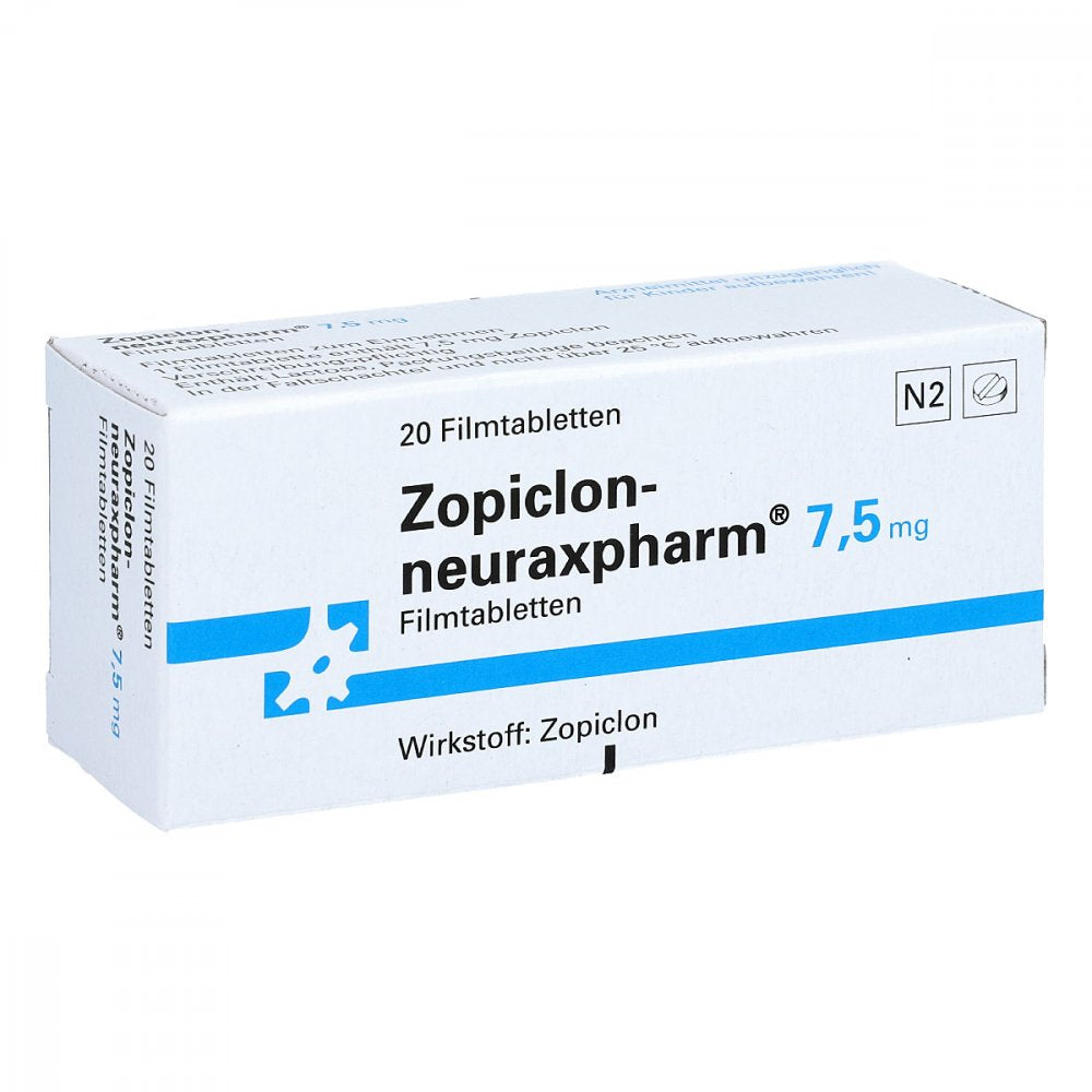 Das Produktfoto zeigt Zopiclon-Neuraxpharm 7,5 Mg Filmtabletten (20 stk) PZN 00575870