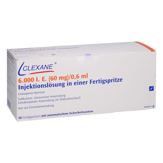 Das Produktfoto zeigt Clexane 6.000 I.E. 60mg/0,6ml Ilo F.Sp.+Sich-Sys. (50 stk) PZN 00576272