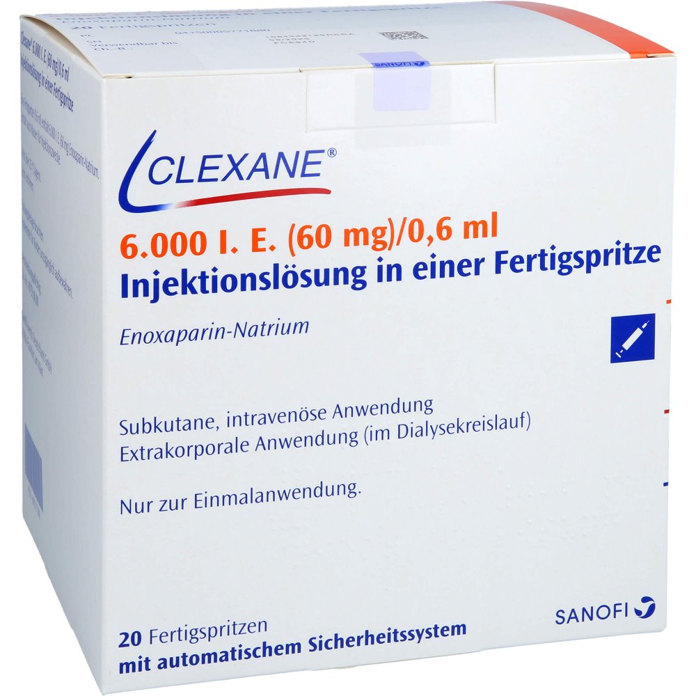 Das Produktfoto zeigt Clexane 6.000 I.E. 60mg/0,6ml Ilo F.Sp.+Sich-Sys. (20 stk) PZN 00577188