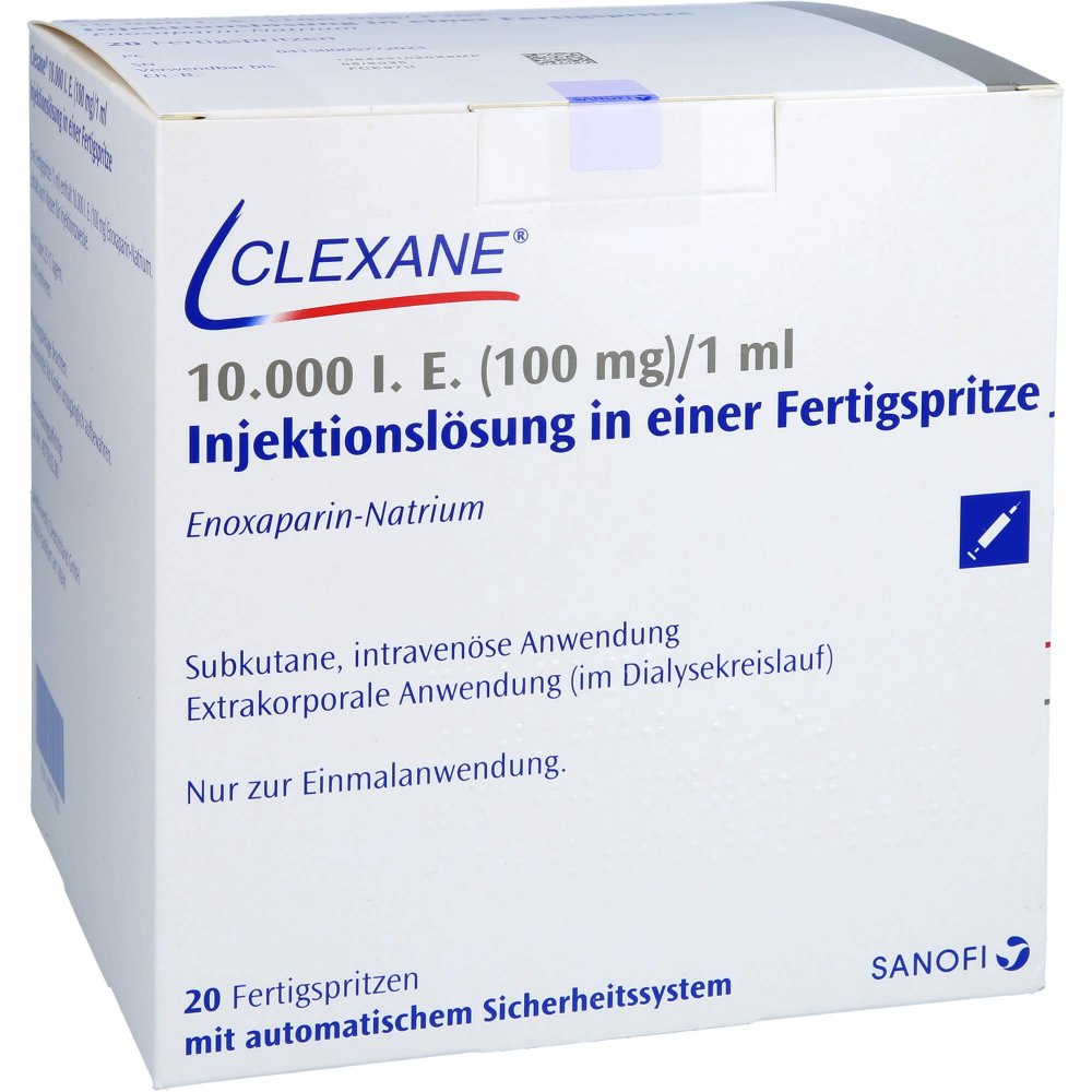 Das Produktfoto zeigt Clexane 10.000 I.E. 100mg/Ml Ilo F.Sp.+Sich-Sys. (20 stk) PZN 00577202