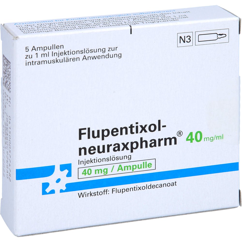 Das Produktfoto zeigt Flupentixol-Neuraxpharm 40 Mg/Ml Inj.-Lösung Amp. (5X1 ml) PZN 00577478