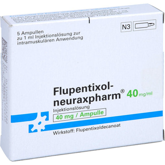 Das Produktfoto zeigt Flupentixol-Neuraxpharm 40 Mg/Ml Inj.-Lösung Amp. (5X1 ml) PZN 00577478