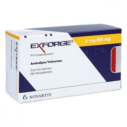 Das Produktfoto zeigt Exforge 5 Mg/80 Mg Filmtabletten (98 stk) PZN 00581356