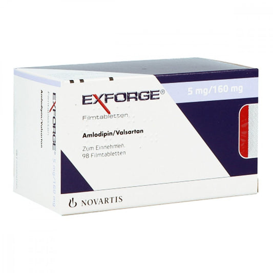 Das Produktfoto zeigt Exforge 5 Mg/160 Mg Filmtabletten (98 stk) PZN 00581422
