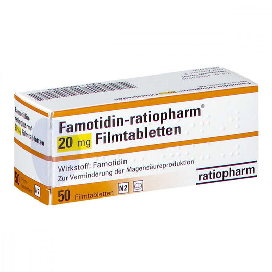 Das Produktfoto zeigt Famotidin-Ratiopharm 20 Mg Filmtabletten (50 stk) PZN 00601219