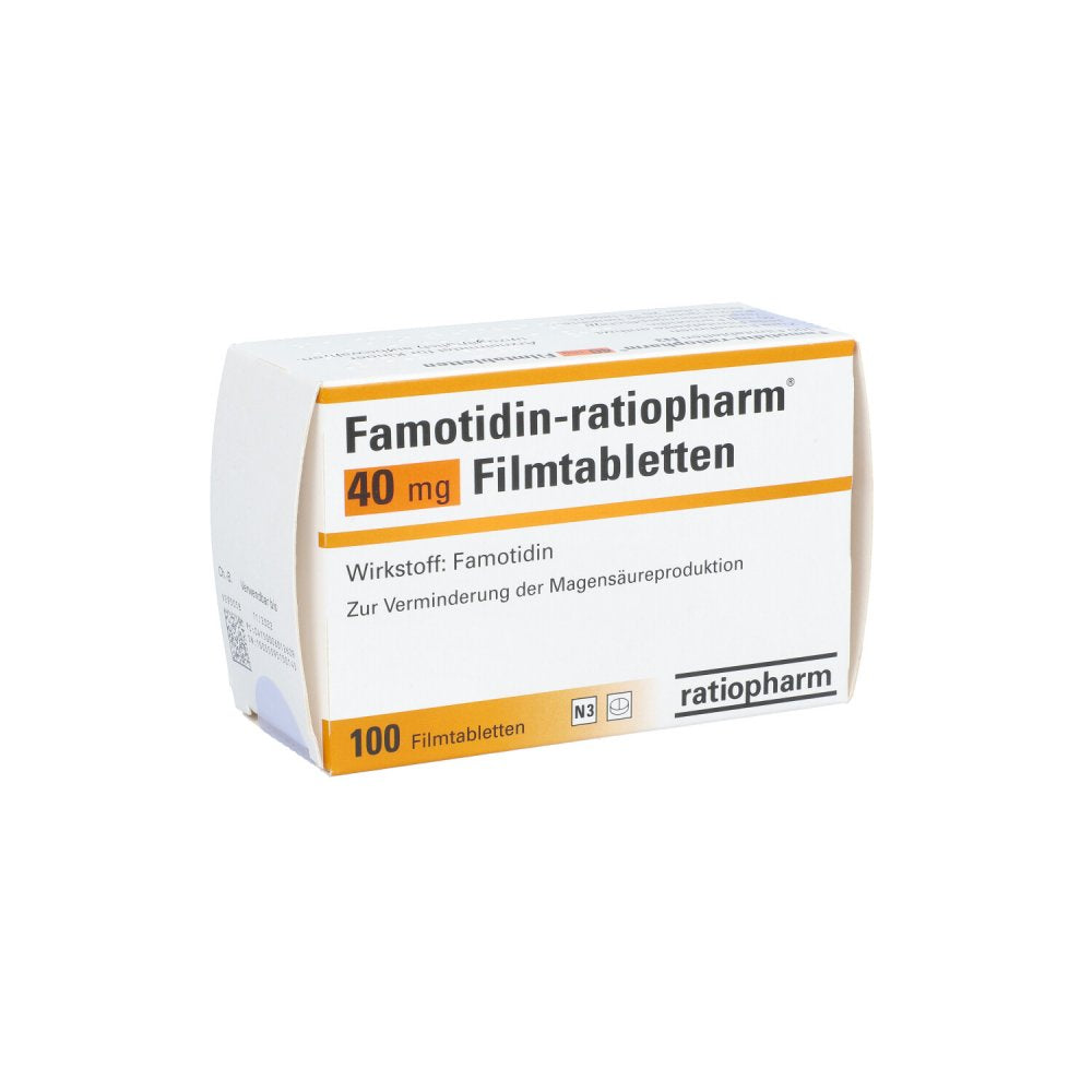 Das Produktfoto zeigt Famotidin-Ratiopharm 40 Mg Filmtabletten (100 stk) PZN 00601260