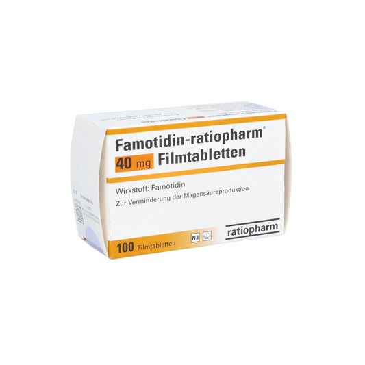 Das Produktfoto zeigt Famotidin-Ratiopharm 40 Mg Filmtabletten (100 stk) PZN 00601260