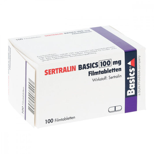 Das Produktfoto zeigt Sertralin Basics 100 Mg Filmtabletten (100 stk) PZN 00610856