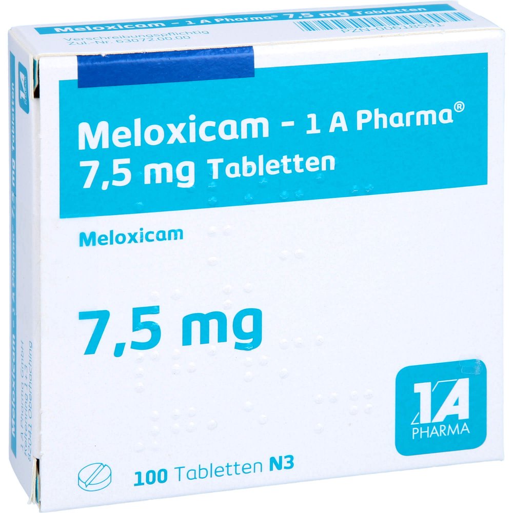 Das Produktfoto zeigt Meloxicam-1a Pharma 7,5 Mg Tabletten (100 stk) PZN 00618591