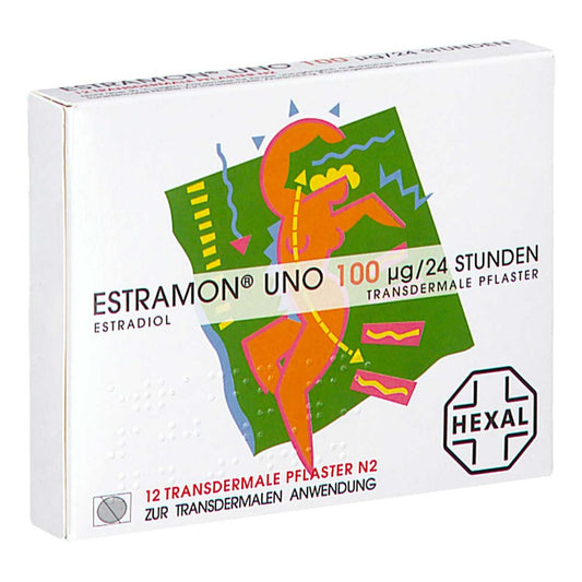 Das Produktfoto zeigt Estramon Uno 100 Μg/24 Stunden Transderm.Pflaster (12 stk) PZN 00620139