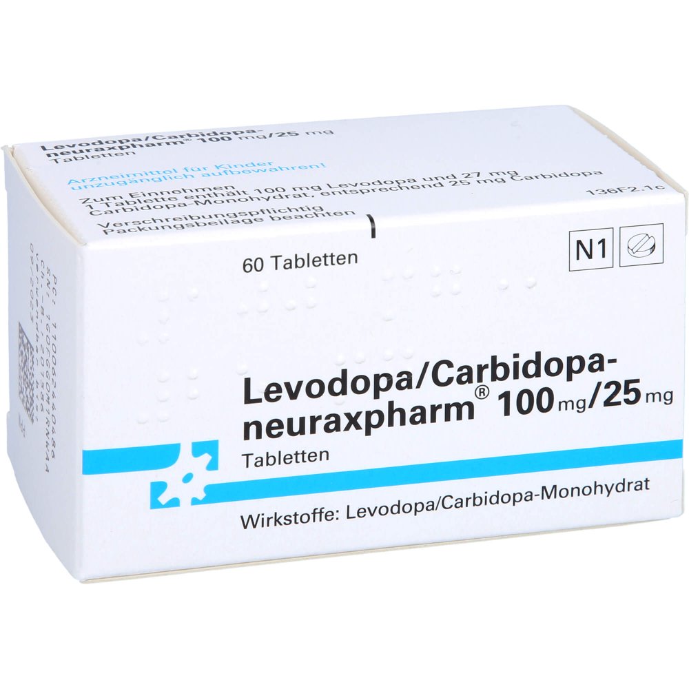 Das Produktfoto zeigt Levodopa/Carbidopa-Neuraxpharm 100/25 Mg Tabletten (60 stk) PZN 00624404