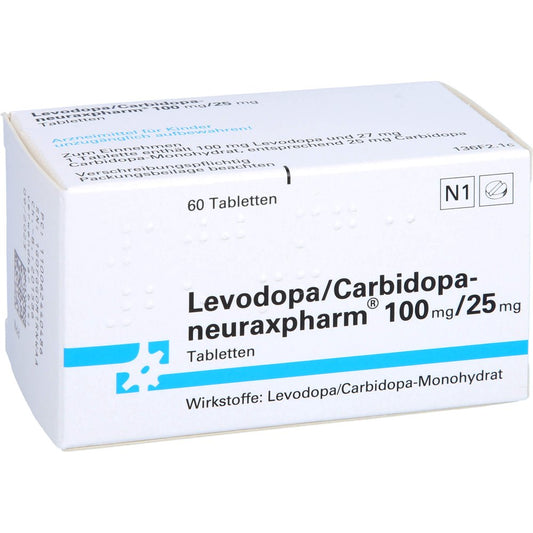 Das Produktfoto zeigt Levodopa/Carbidopa-Neuraxpharm 100/25 Mg Tabletten (60 stk) PZN 00624404