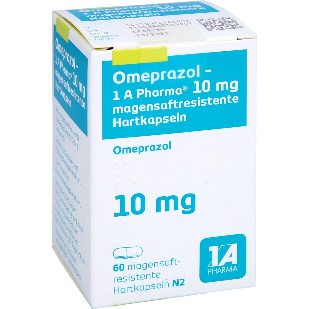 Das Produktfoto zeigt Omeprazol-1a Pharma 10 Mg Magensaftres.Hartkapseln (60 stk) PZN 00634868