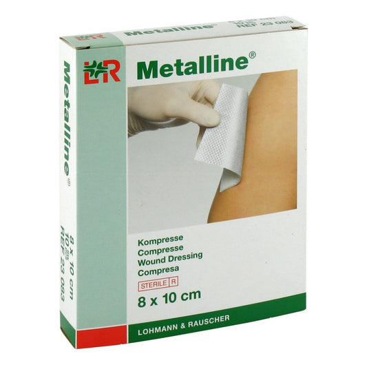 Das Produktfoto zeigt Metalline Kompressen 8x10 Cm Steril (10 stk) PZN 00635336