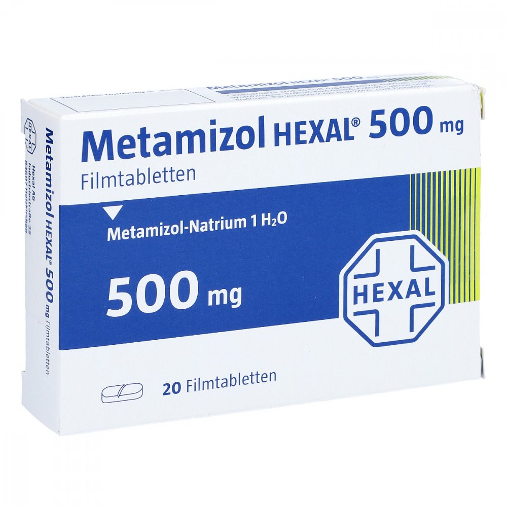 Das Produktfoto zeigt Metamizol Hexal 500 Mg Filmtabletten (20 stk) PZN 00651306