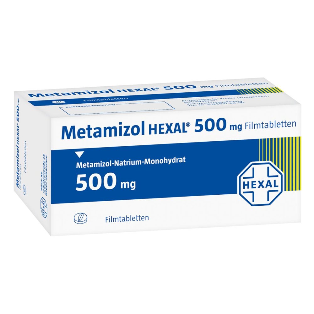 Das Produktfoto zeigt Metamizol Hexal 500 Mg Filmtabletten (50 stk) PZN 00651329