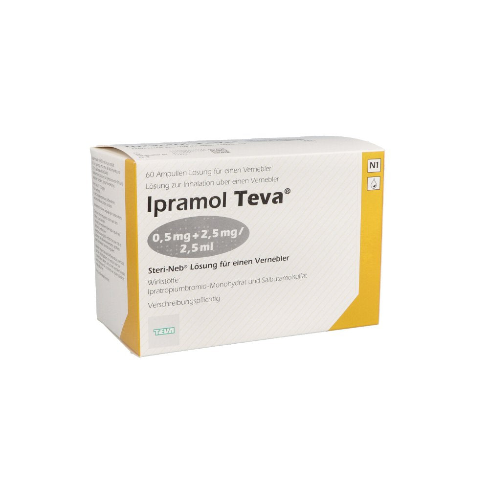 Das Produktfoto zeigt Ipramol Teva 0,5+2,5mg/2,5ml Lsg.F.Vern.In.Amp. (2X30 stk) PZN 00652547