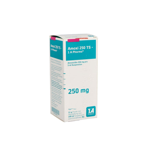 Das Produktfoto zeigt Amoxi 250 Ts-1a Pharma Plv.Z.Herst.E.Susp.Z.Einn. (100 ml) PZN 00658834