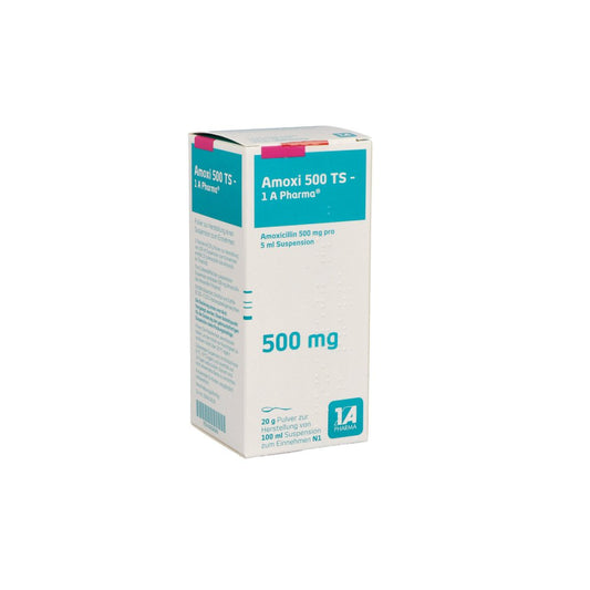 Das Produktfoto zeigt Amoxi 500 Ts-1a Pharma Plv.Z.Herst.E.Susp.Z.Einn. (100 ml) PZN 00658840