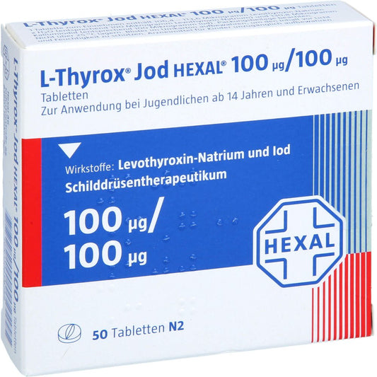 Das Produktfoto zeigt L-Thyrox Jod Hexal 100/100 Tabletten (50 stk) PZN 00659288