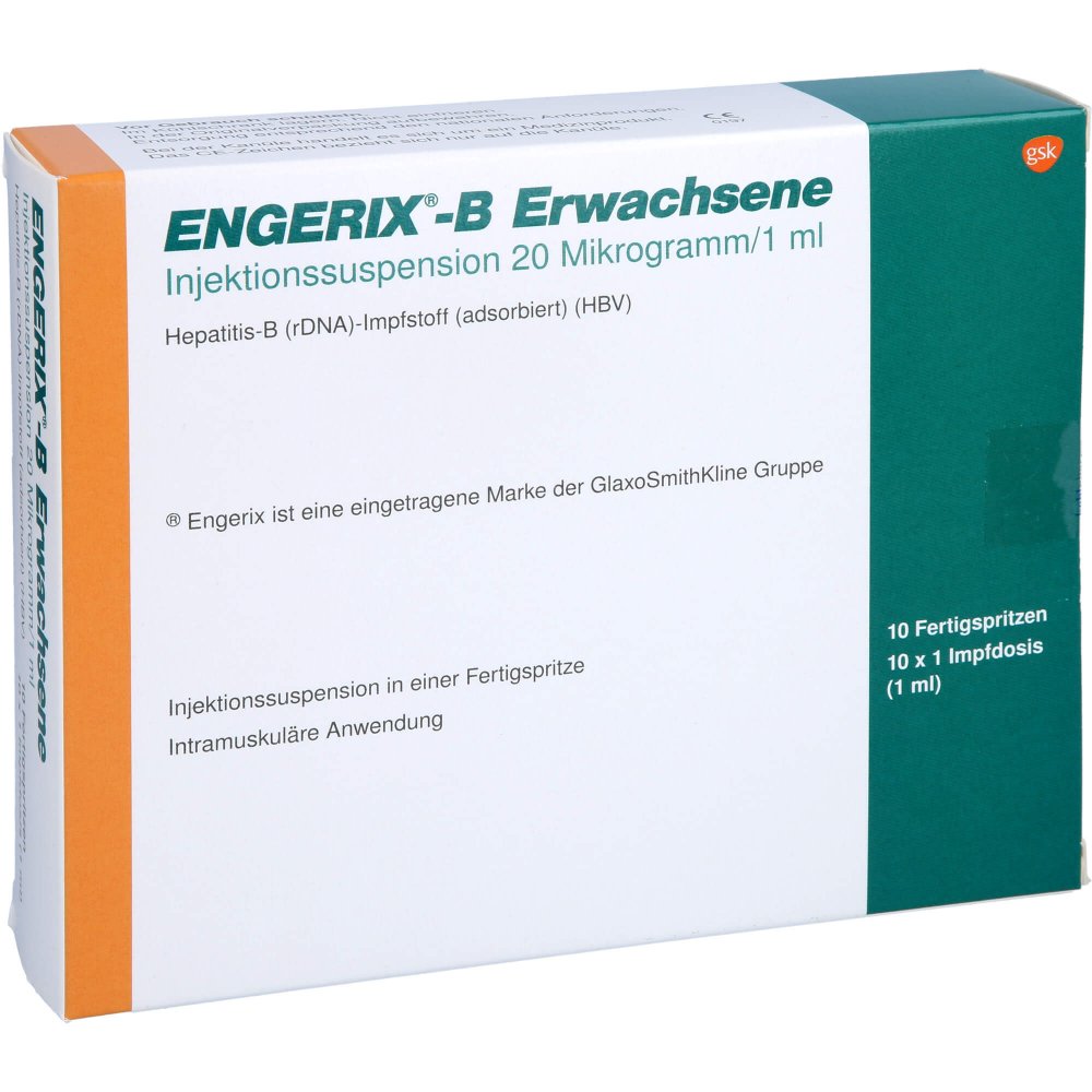 Das Produktfoto zeigt Engerix-B Erwachsene Inj.-Susp.I.E.Fertigspritze (10 stk) PZN 00667655