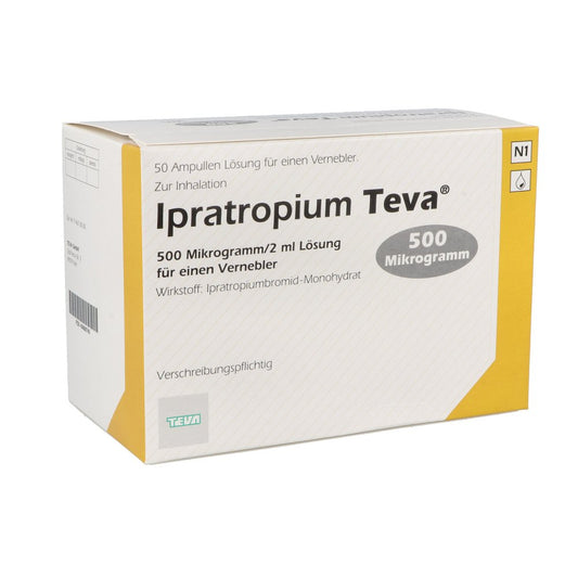 Das Produktfoto zeigt Ipratropium Teva 500 Μg/2 Ml Lsg.F.E.Vernebl. (50X2 ml) PZN 00668749