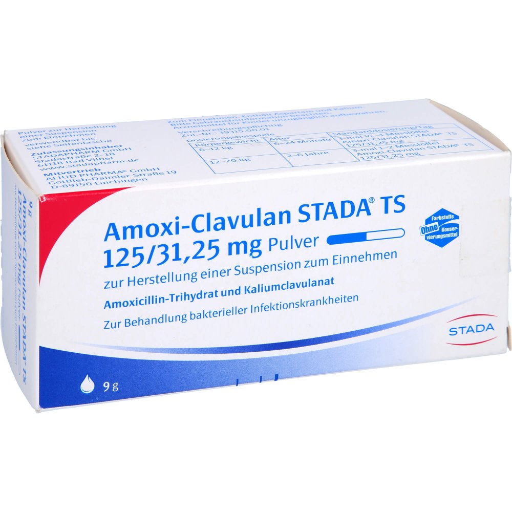 Das Produktfoto zeigt Amoxi-Clavulan Stada Ts 125/31,25 Mg Plv.Sus.-Hst. (100 ml) PZN 00669559