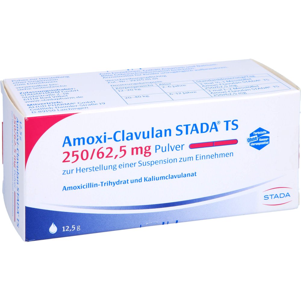 Das Produktfoto zeigt Amoxi-Clavulan Stada Ts 250/62,5 Mg Plv.Sus.-Hst. (100 ml) PZN 00669565