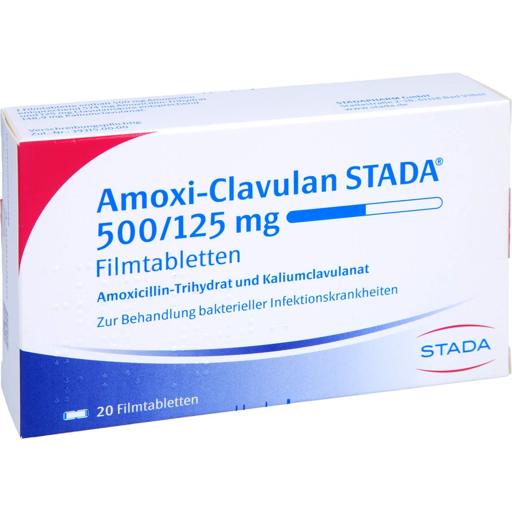Das Produktfoto zeigt Amoxi-Clavulan Stada 500/125 Mg Filmtabletten (20 stk) PZN 00669588