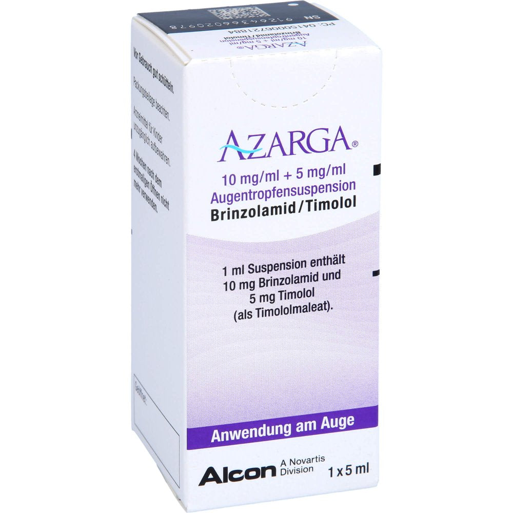 Das Produktfoto zeigt Azarga 10 Mg/Ml + 5 Mg/Ml Augentropfensuspension (5 ml) PZN 00672188
