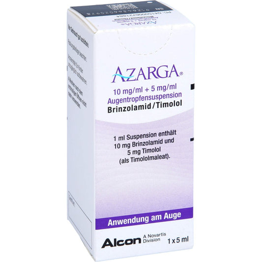 Das Produktfoto zeigt Azarga 10 Mg/Ml + 5 Mg/Ml Augentropfensuspension (5 ml) PZN 00672188