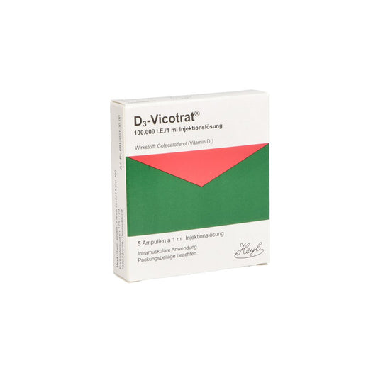 Das Produktfoto zeigt D3 Vicotrat Injektionslsg.Z.Intramusk.Anwend.Amp. (5X1 ml) PZN 00679049